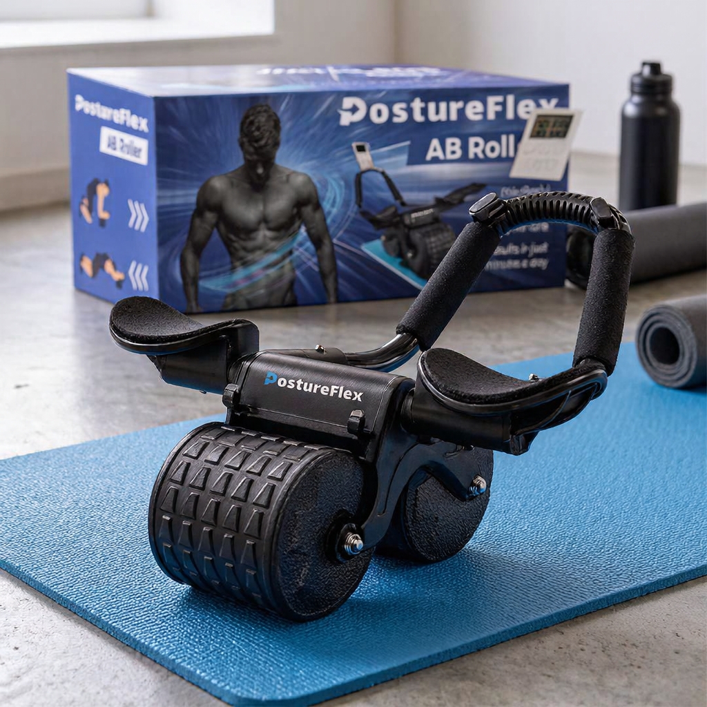 The PostureFlex Ab Roller with padded forearm support, two wide wheels, knee mat, and box