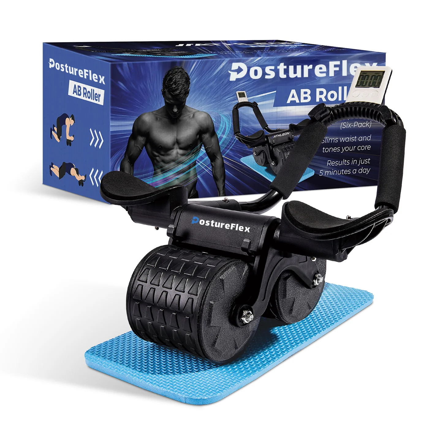 PostureFlex Ab Roller product shot with box and knee mat